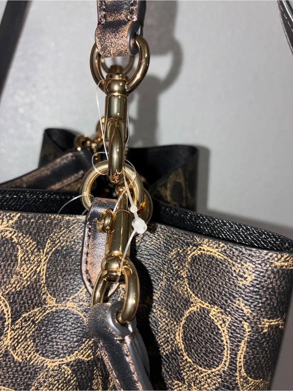 Coach Brown Signature Drawstring Crossbody Bucket Bag with Gold Hardware
